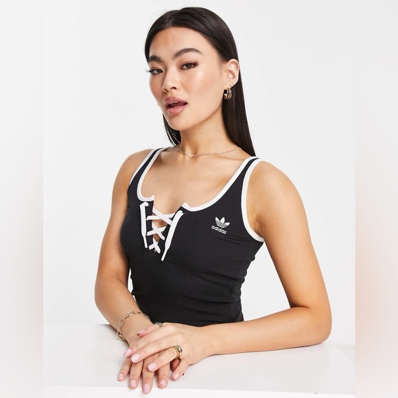 Adidas Originals Laced Up Tank Top in Black and White, Size Large - Picture 3 of 8